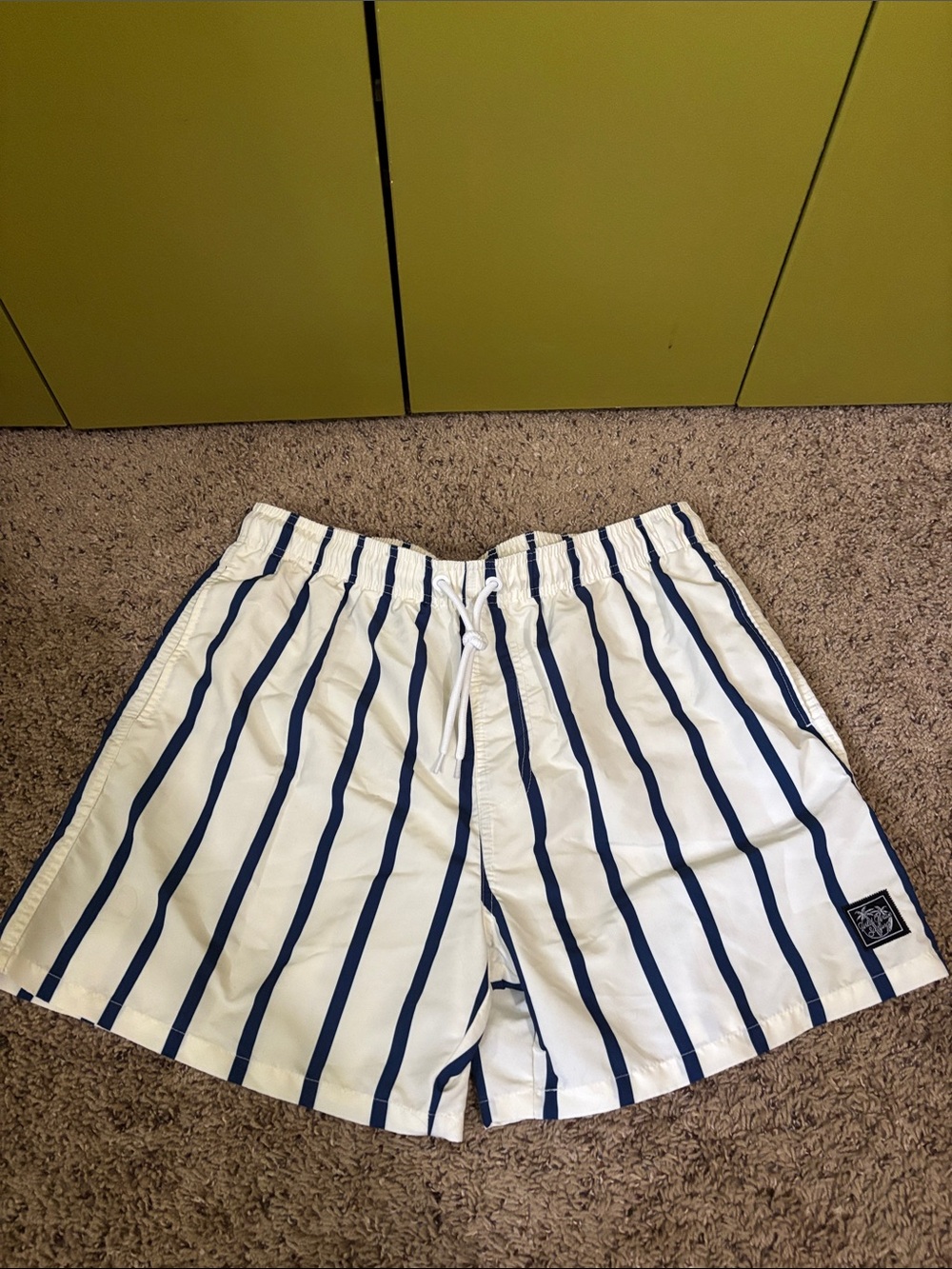 SHEIN White & Navy Vertical Stripe Men’s Swim Trunks
